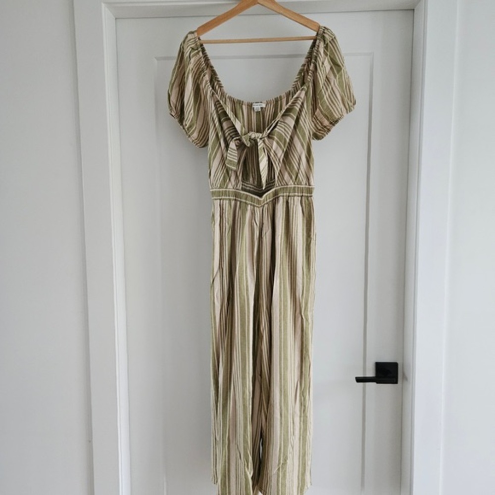 American Eagle Outfitters Olive and Cream Striped Tie-Front Jumpsuit